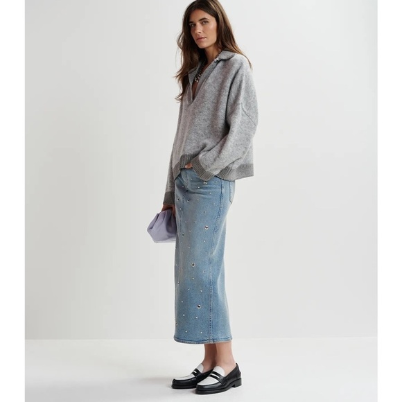 Essentiel Antwerp Blue Eyelet Denim Skirt NWT Grommet Detailing Women’s Size 8 - Picture 4 of 16